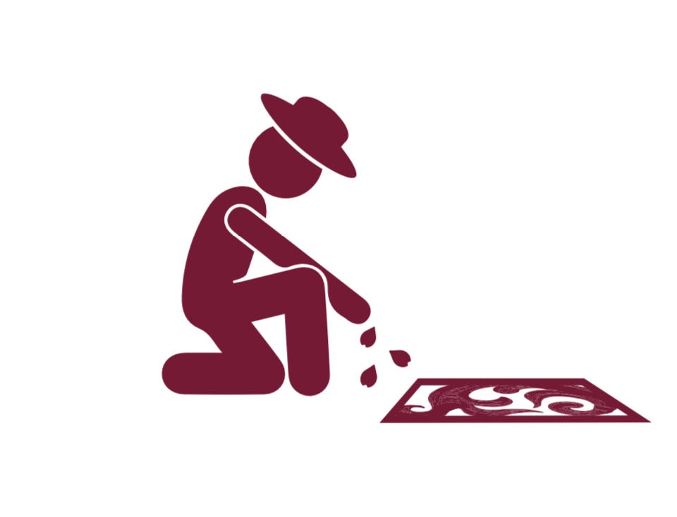 Pictograma de un alfombrista. Un alfombrista es la persona que hace las alfombras en las fiestas de La Orotava.  Es una silueta humana colocando agachada sobre una rodilla y colocando pétalos de flores en un tapiz o alfombra. 